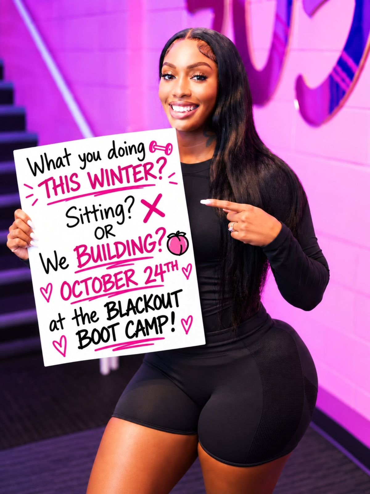 Ally Banks in the pink studio, holding a sign: Sitting? Or we building?