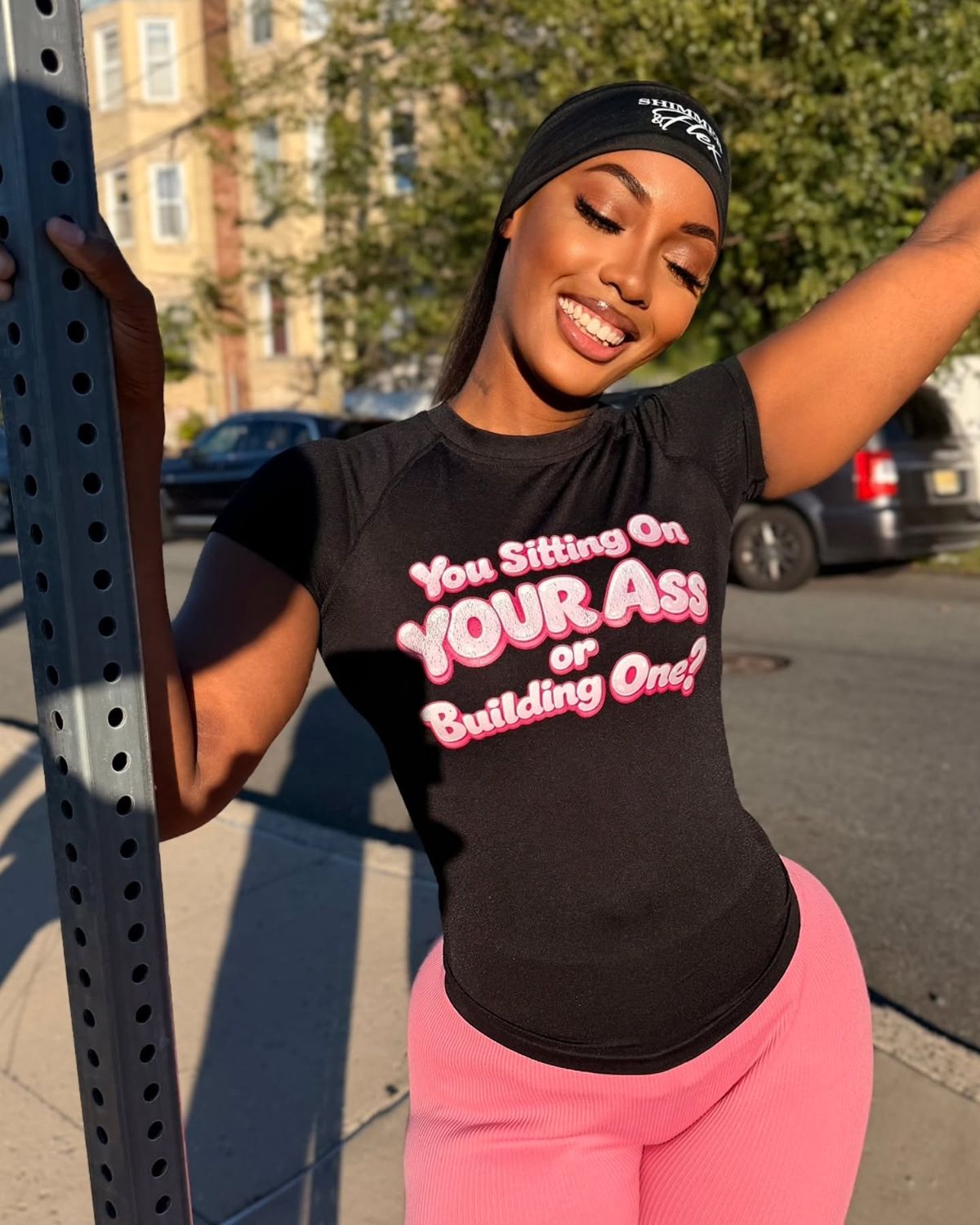 Ally in the Shimmer and Flex tee